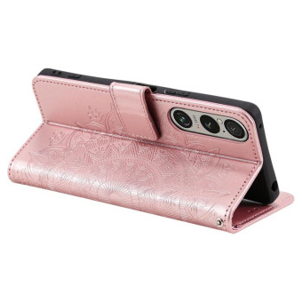 For Sony Xperia 1 VII Totem Flower Embossed Leather Phone Case with Lanyard(Rose Gold)