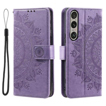 For Sony Xperia 1 VII Totem Flower Embossed Leather Phone Case with Lanyard(Purple)
