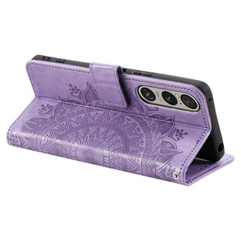 For Sony Xperia 1 VII Totem Flower Embossed Leather Phone Case with Lanyard(Purple)