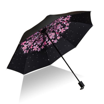 Lightweight Portable Three Folding Folding Umbrella, Black Waterproof Anti-UV, Q Pattern