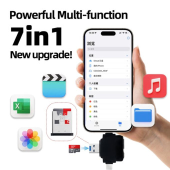 7 in 1 Card Reader USB + Type-C + 8 Pin + TF Card + SD Card + Earphone Adapter (White)