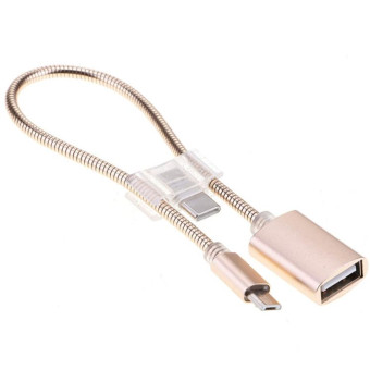 24cm 2A Micro USB to USB Aluminum Alloy Hose OTG Adapter Data Charging Cable with USB-C / Type-C Connector(Gold)