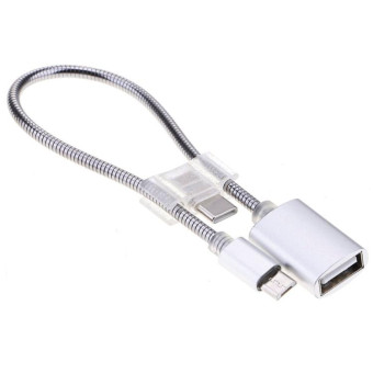 24cm 2A Micro USB to USB Aluminum Alloy Hose OTG Adapter Data Charging Cable with USB-C / Type-C Connector(Silver)