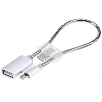 24cm 2A Micro USB to USB Aluminum Alloy Hose OTG Adapter Data Charging Cable with USB-C / Type-C Connector(Silver)