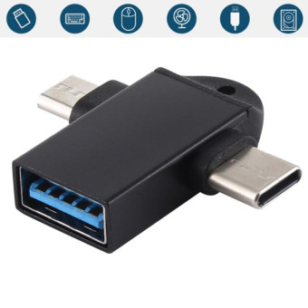 USB 3.0 Female to USB-C / Type-C Male + Micro USB Male Multi-function OTG Adapter with Sling Hole (Black)