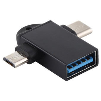 USB 3.0 Female to USB-C / Type-C Male + Micro USB Male Multi-function OTG Adapter with Sling Hole (Black)