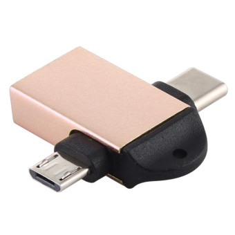 USB 3.0 Female to USB-C / Type-C Male + Micro USB Male Multi-function OTG Adapter with Sling Hole (Gold)