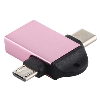 USB 3.0 Female to USB-C / Type-C Male + Micro USB Male Multi-function OTG Adapter with Sling Hole (Rose Gold)