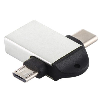 USB 3.0 Female to USB-C / Type-C Male + Micro USB Male Multi-function OTG Adapter with Sling Hole (Silver)