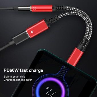 2 in 1 USB-C / Type-C Male to PD 60W USB-C / Type-C Charging + 3.5mm Audio Female Earphone Adapter (Black)