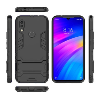 Shockproof PC + TPU Case for Xiaomi Redmi 7, with Holder(Black)