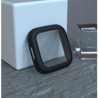 For Fitbit Versa 2 Fuel injection Frosted PC Shell + Tempered Glass Film(Black)