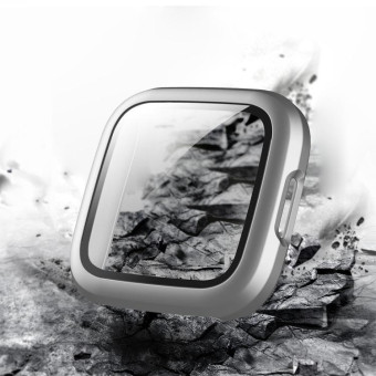 For Fitbit Versa 2 Fuel injection Frosted PC Shell + Tempered Glass Film(Silver)