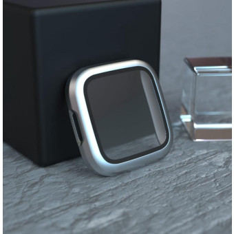 For Fitbit Versa 2 Fuel injection Frosted PC Shell + Tempered Glass Film(Silver)