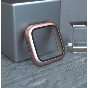 For Fitbit Versa 2 Fuel injection Frosted PC Shell + Tempered Glass Film(Rose Gold)