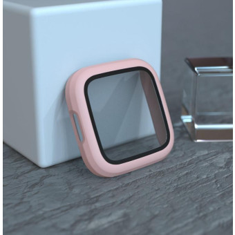 For Fitbit Versa 2 Fuel injection Frosted PC Shell + Tempered Glass Film(Pink)