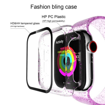 For Apple Watch Series 6 & SE & 5 & 4 44mm Glitter Powder PC + Tempered Glass Screen Film Integrated Case(Purple)