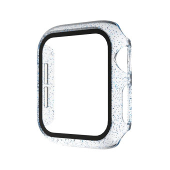 For Apple Watch Series 6 & SE & 5 & 4 44mm Glitter Powder PC + Tempered Glass Screen Film Integrated Case(Fine Glitter Blue)