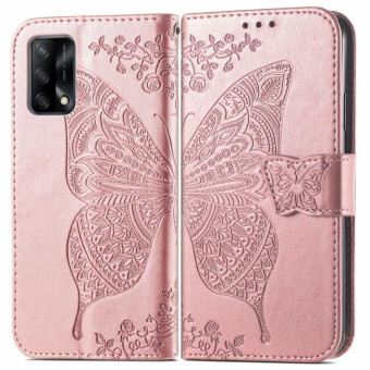 For OPPO F19  4G/ A74 4G Butterfly Love Flower Embossed Horizontal Flip Leather Case with Bracket / Card Slot / Wallet / Lanyard(Rose Gold)