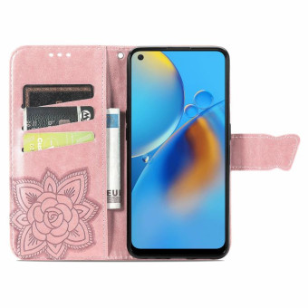 For OPPO F19  4G/ A74 4G Butterfly Love Flower Embossed Horizontal Flip Leather Case with Bracket / Card Slot / Wallet / Lanyard(Rose Gold)