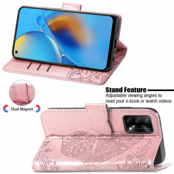 For OPPO F19  4G/ A74 4G Butterfly Love Flower Embossed Horizontal Flip Leather Case with Bracket / Card Slot / Wallet / Lanyard(Rose Gold)