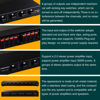 100W 1 In 8 Out Power Amplifier Box Distribute Switcher Loudspeaker