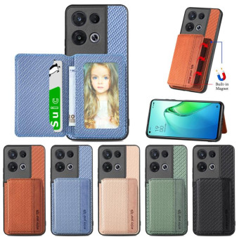 For OPPO Reno 8 Pro Carbon Fiber Magnetic Card Bag Phone Case(Brown)