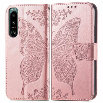 For Sony Xperia 5 IV Butterfly Love Flower Embossed Leather Phone Case(Rose Gold)