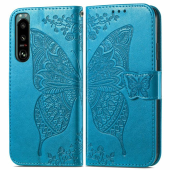 For Sony Xperia 5 IV Butterfly Love Flower Embossed Leather Phone Case(Blue)