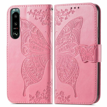 For Sony Xperia 5 IV Butterfly Love Flower Embossed Leather Phone Case(Pink)