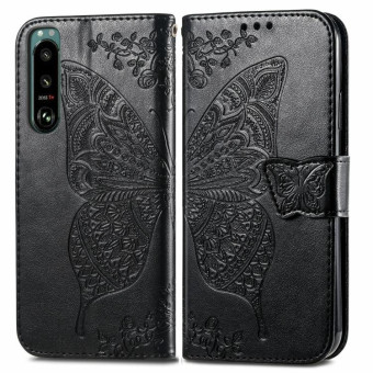For Sony Xperia 5 IV Butterfly Love Flower Embossed Leather Phone Case(Black)