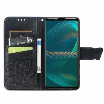 For Sony Xperia 5 IV Butterfly Love Flower Embossed Leather Phone Case(Black)