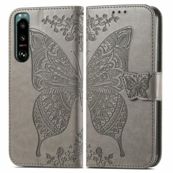 For Sony Xperia 5 IV Butterfly Love Flower Embossed Leather Phone Case(Gray)