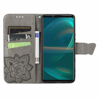For Sony Xperia 5 IV Butterfly Love Flower Embossed Leather Phone Case(Gray)