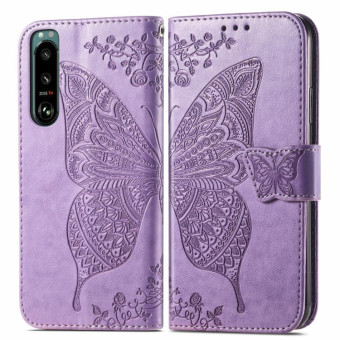 For Sony Xperia 5 IV Butterfly Love Flower Embossed Leather Phone Case(Lavender)