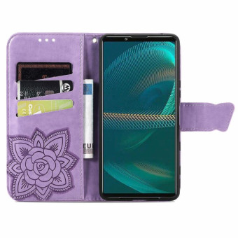 For Sony Xperia 5 IV Butterfly Love Flower Embossed Leather Phone Case(Lavender)