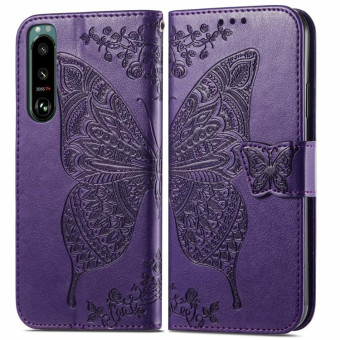 For Sony Xperia 5 IV Butterfly Love Flower Embossed Leather Phone Case(Purple)