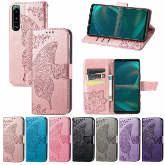 For Sony Xperia 5 IV Butterfly Love Flower Embossed Leather Phone Case(Black)