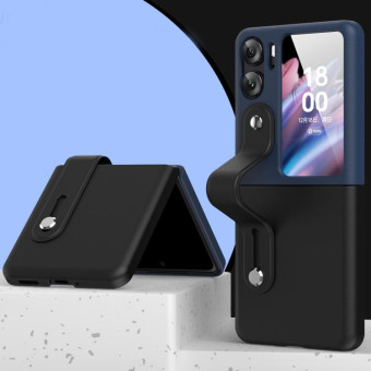 For OPPO Find N2 Flip Skin Color Contrast Wrist Strap Bracket Folding Phone Case(Black+Dark Blue)