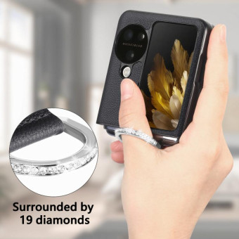For OPPO Find N3 Flip Litchi PU Diamond-encrusted Ring Phone Case(Black)