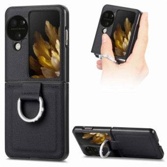 For OPPO Find N3 Flip Litchi PU Diamond-encrusted Ring Phone Case(Black)