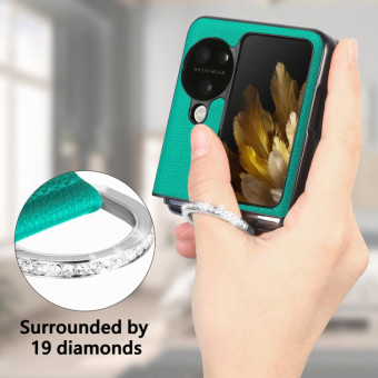 For OPPO Find N3 Flip Litchi PU Diamond-encrusted Ring Phone Case(Green)