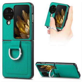 For OPPO Find N3 Flip Litchi PU Diamond-encrusted Ring Phone Case(Green)