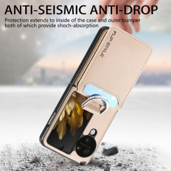 For OPPO Find N3 Flip Litchi PU Ring Holder Wallet Phone Case(Khaki)