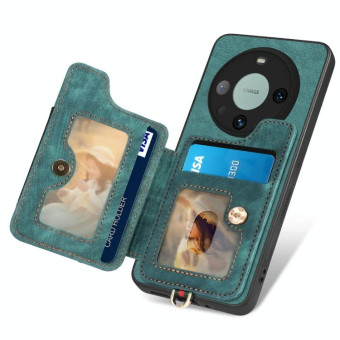 For Huawei Mate 60 Pro Retro Skin-feel Ring Multi-card RFID Wallet Phone Case with Lanyard(Green)