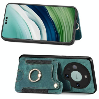 For Huawei Mate 60 Pro Retro Skin-feel Ring Multi-card RFID Wallet Phone Case with Lanyard(Green)