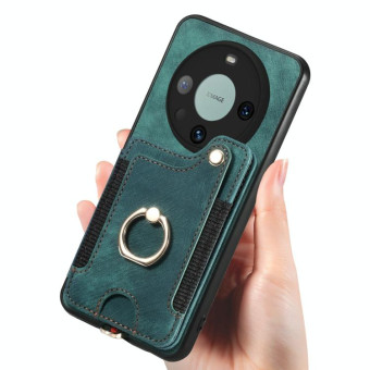 For Huawei Mate 60 Pro Retro Skin-feel Ring Multi-card RFID Wallet Phone Case with Lanyard(Green)