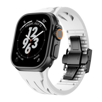 For Apple Watch 44mm / 45mm / 46mm / 49mm Tailor Stainless Steel Black Butterfly Buckle Silicone Watch Band(White)