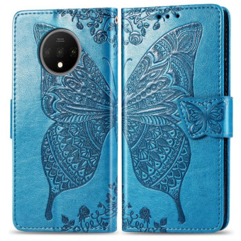 For One Plus 7T  Butterfly Love Flower Embossed Horizontal Flip Leather Case with Bracket Lanyard Card Slot Wallet(Blue)