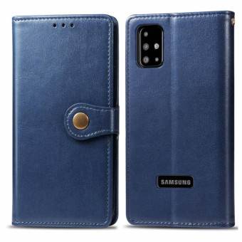 For Galaxy A51 Retro Solid Color Leather Buckle Phone Case with Lanyard & Photo Frame & Card Slot & Wallet & Stand Function(Blue)